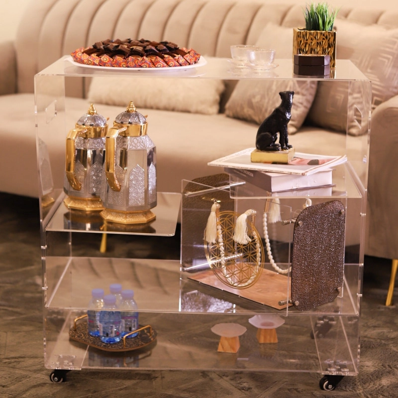 Multifunction service cart (wood/metal/glass) for elegant drinks transportعربة خدمة متعددة المواد (خشب/معدن/زجاج) نقل المشروبات بأناقة