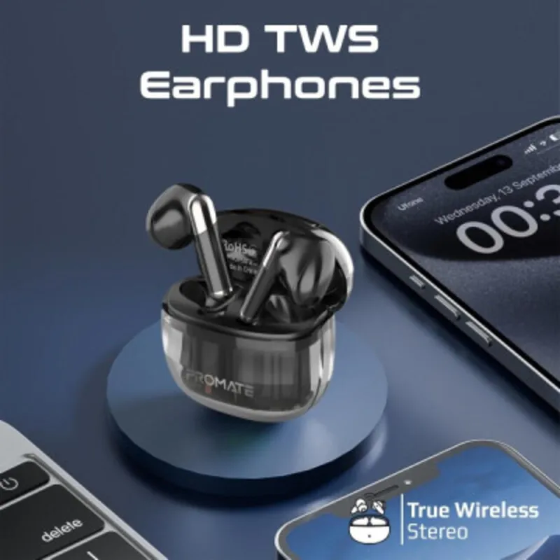 Promate TransPods TWS Bluetooth 5.3 Wireless Earbuds with 26H Playtimeسماعات أذن لاسلكية بروميت ترانسبودز بتقنية بلوتوث 5.3 وعلبة شحن شفافة