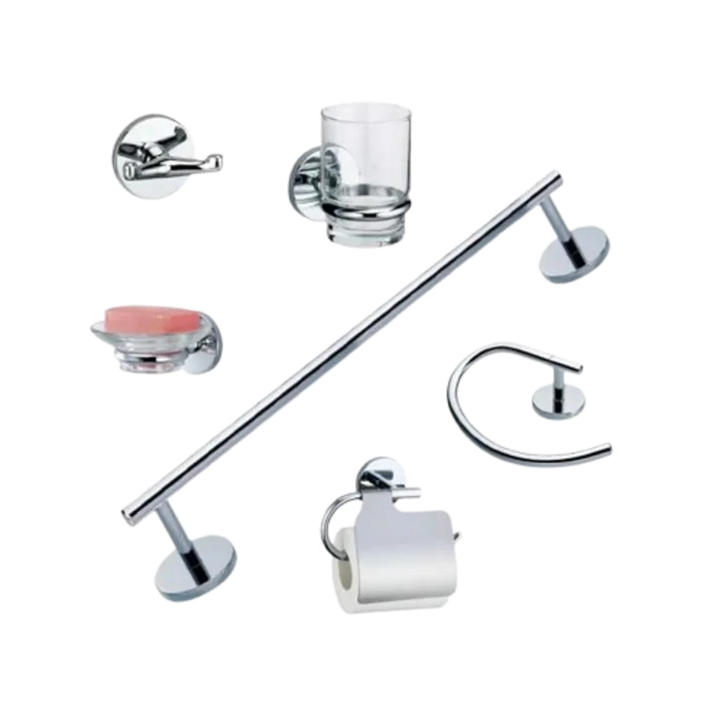 Lavo 6-piece bathroom accessory set including towel bar, toilet paper holder, towel ring, and double hookمجموعة إكسسوارات حمام 6 قطع من لافو تشمل حامل مناشف وحامل ورق وحلقة مناشف وخطاف مزدوج