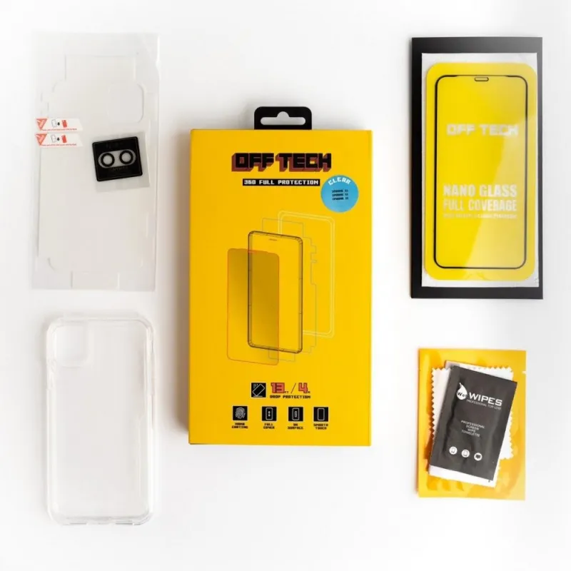 Complete iPhone protection pack with clear case, tempered glass screen protector, and camera guard from OFF TECHبكج حماية متكامل للآيفون من أوف تيك مع كفر شفاف، لاصق شاشة وحماية كاميرا