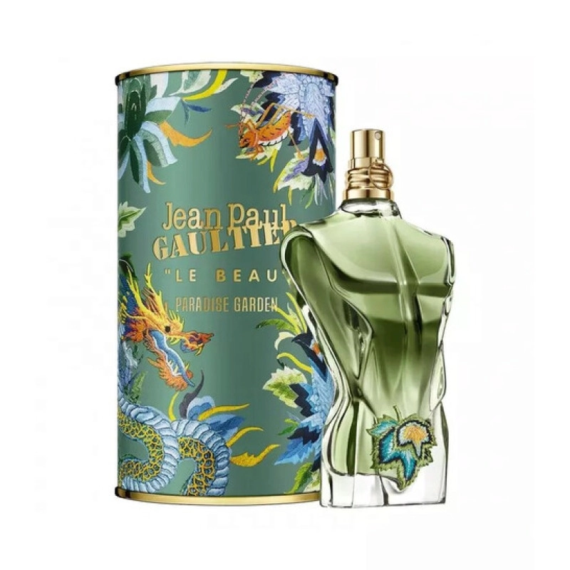 Elegant Jean Paul Gaultier Le Beau Paradise Garden bottle designزجاجة عطر Jean Paul Gaultier بتصميم استوائي أنيق